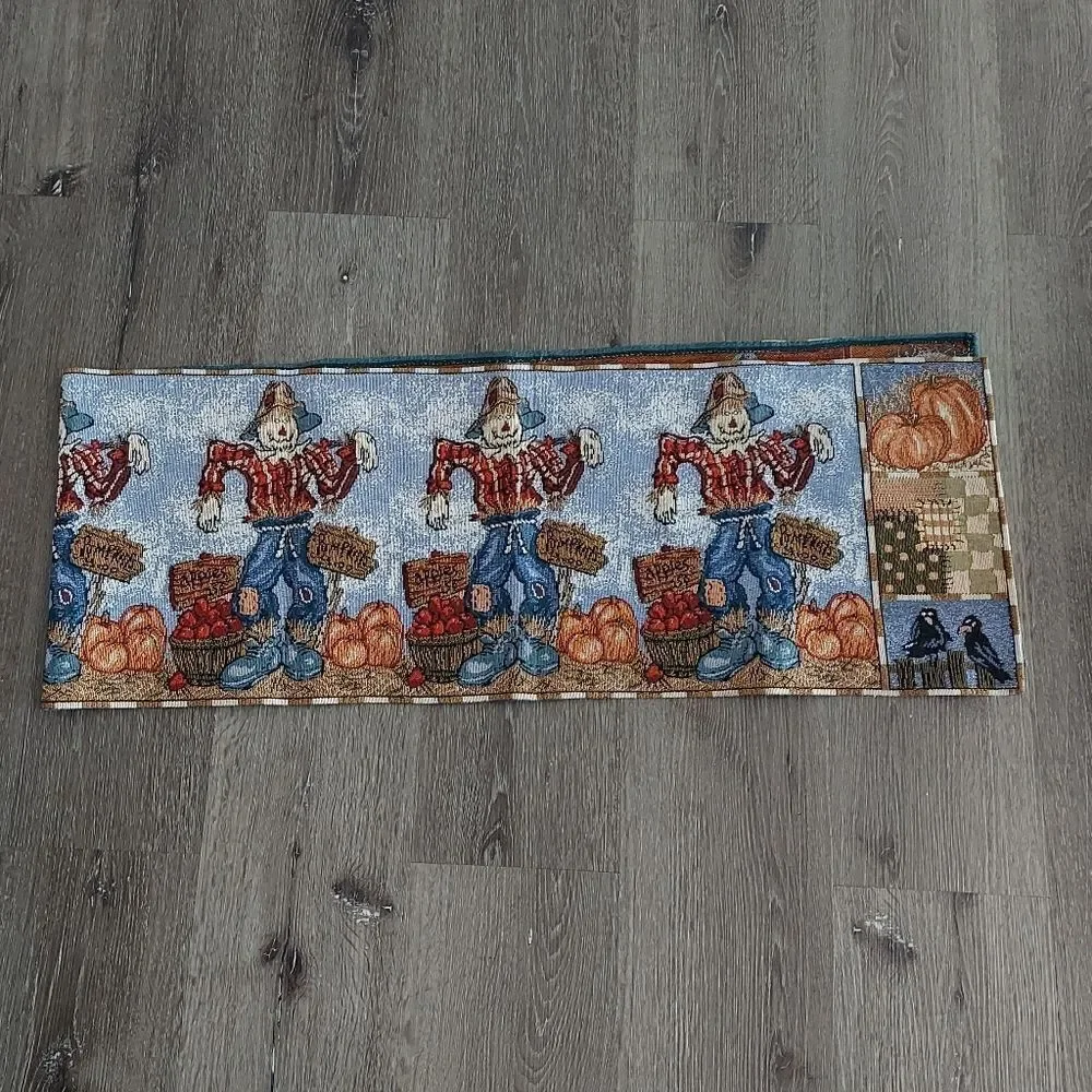 Fall Scarecrow Table Runner Tapestry Woven Autumn Farmhouse Country 70x13